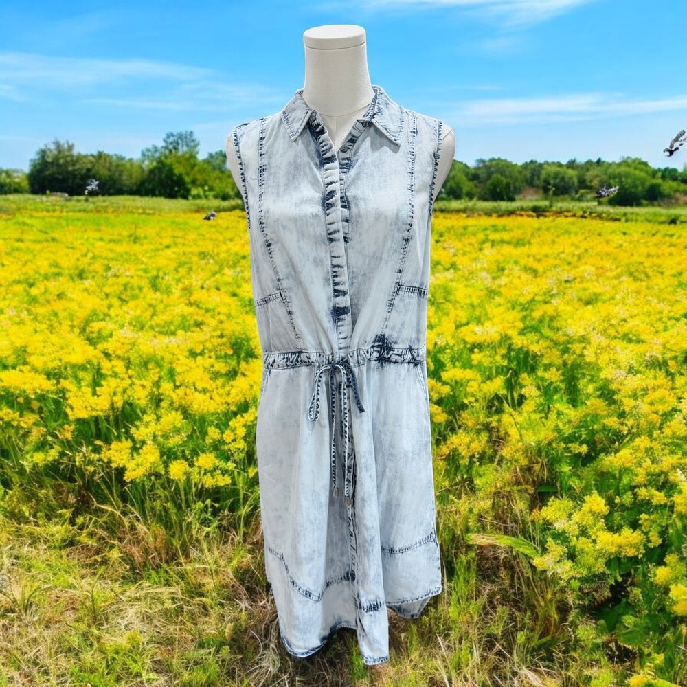Celebrity Pink Chambray Shirt Dress Acid Wash‎ Tencel Tie Waist Sleeveless M